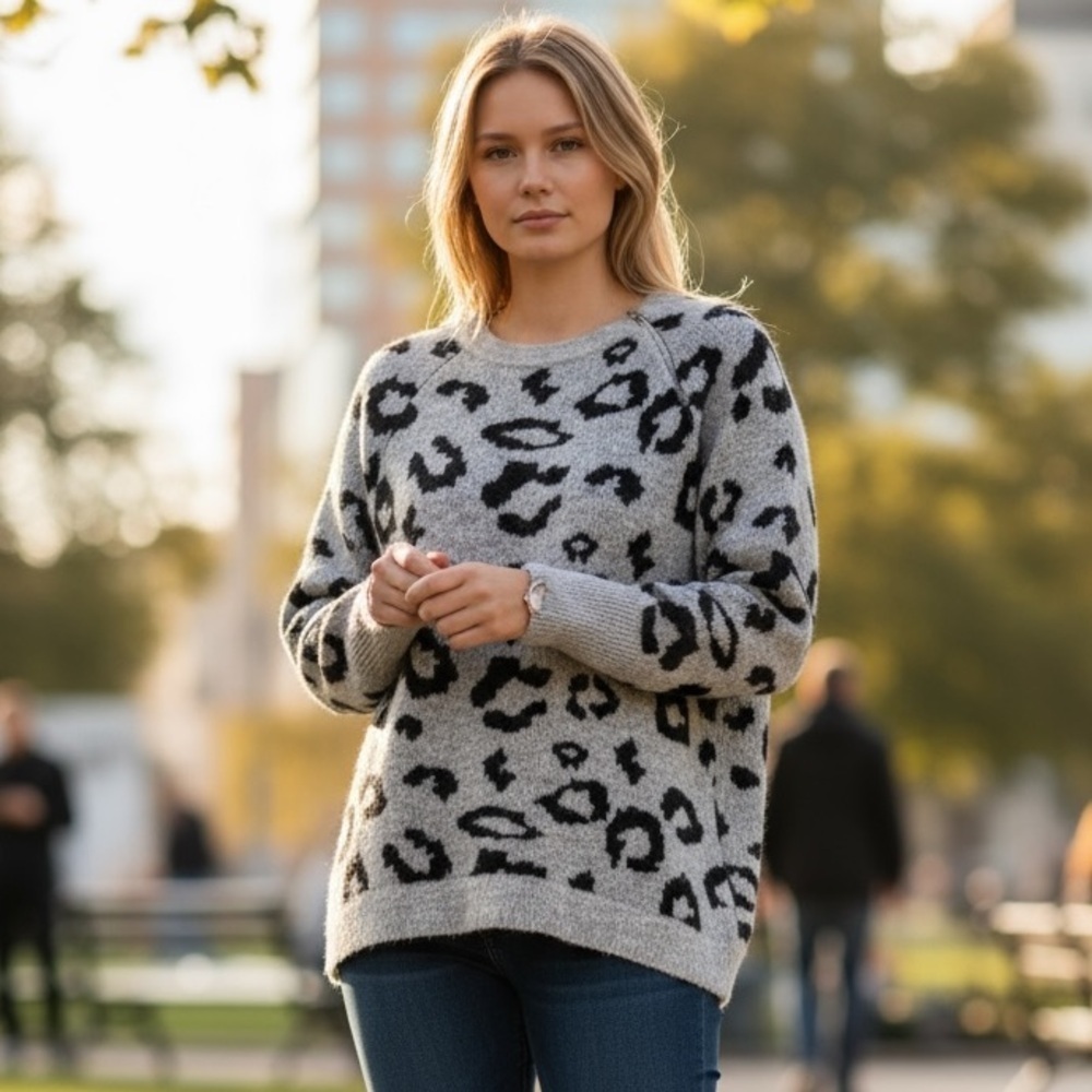 Abercrombie & Fitch gray black leopard crewneck sweater zipper accent Size Small - Picture 2 of 7